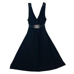 NWOT SCARLETT Dress 10 Black Crystal-Jewel-Buckle Satin-Tie-Bow Fit&Flare V-Neck